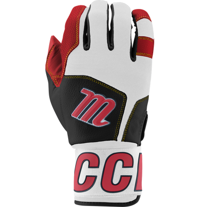 The Marucci Blacksmith V2 Full Wrap Youth Batting Glove (MBG2BKSMFWY) features red, white, and black sections, yellow stitching, a goatskin palm, wrist strap with large red "CC" on white, and an "m" on the back.