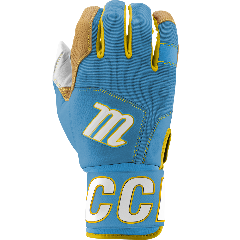 The Marucci Blacksmith V2 Full Wrap Youth Batting Glove features blue and tan colors with yellow and white accents, a bold M logo, mesh finger detailing, a goatskin palm, and stylish white wrist lettering—ideal for young athletes.