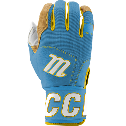 The Marucci Blacksmith V2 Full Wrap Youth Batting Glove features blue and tan colors with yellow and white accents, a bold M logo, mesh finger detailing, a goatskin palm, and stylish white wrist lettering—ideal for young athletes.