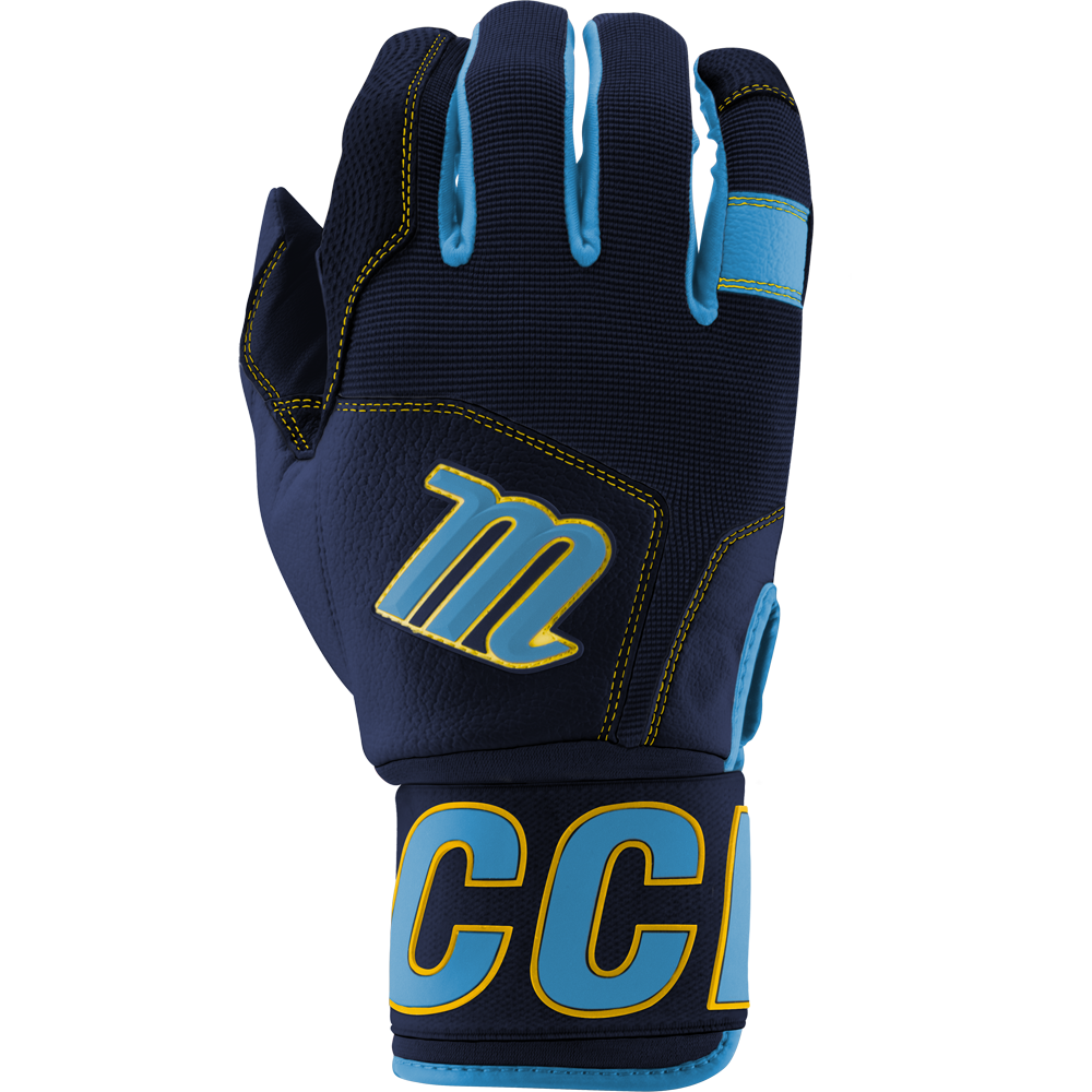 The Marucci Blacksmith V2 Full Wrap Youth Batting Gloves (MBG2BKSMFWY) feature navy blue and black colors with light blue accents, yellow stitching, a yellow "M" logo, bold wrist lettering, and a durable goatskin palm for lasting performance.