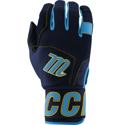 The Marucci Blacksmith V2 Full Wrap Youth Batting Gloves (MBG2BKSMFWY) feature navy blue and black colors with light blue accents, yellow stitching, a yellow "M" logo, bold wrist lettering, and a durable goatskin palm for lasting performance.