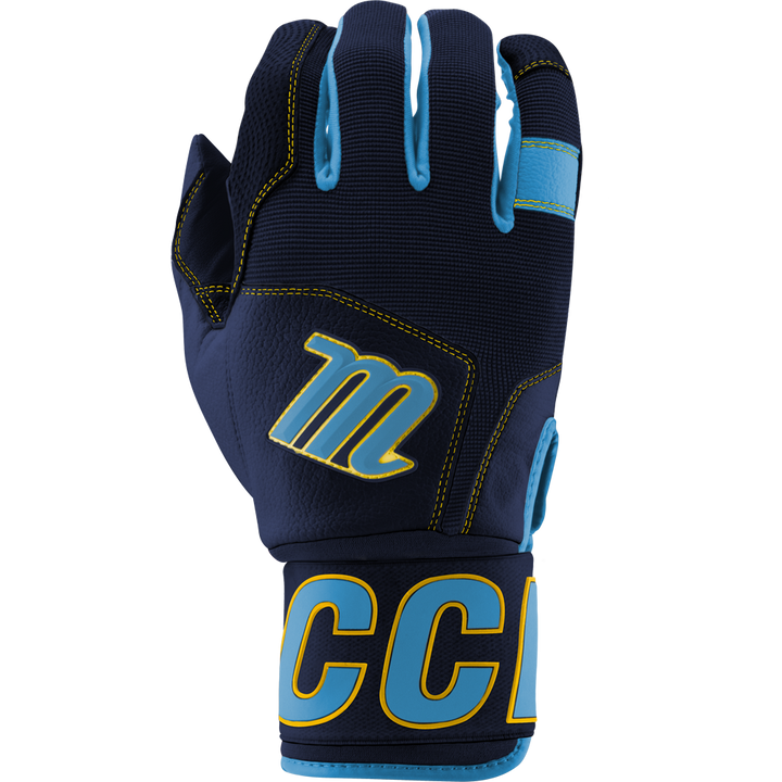 Navy and Columbia blue marucci blacksmith batting gloves with M logo and full wrap wrist for baseball or softball on a white background