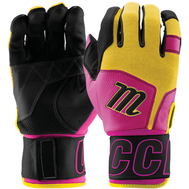 The Marucci Blacksmith V2 Full Wrap Adult Batting Gloves (MBG2BKSM) by Marucci feature a pink and yellow design with a durable goatskin palm for superior grip and comfort.
