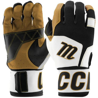 The Marucci Blacksmith V2 Full Wrap Youth Batting Gloves (MBG2BKSMFWY) feature black, tan, and white colors, M and CCI on the wrist, a durable goatskin palm, and reinforced finger padding for lasting training performance.