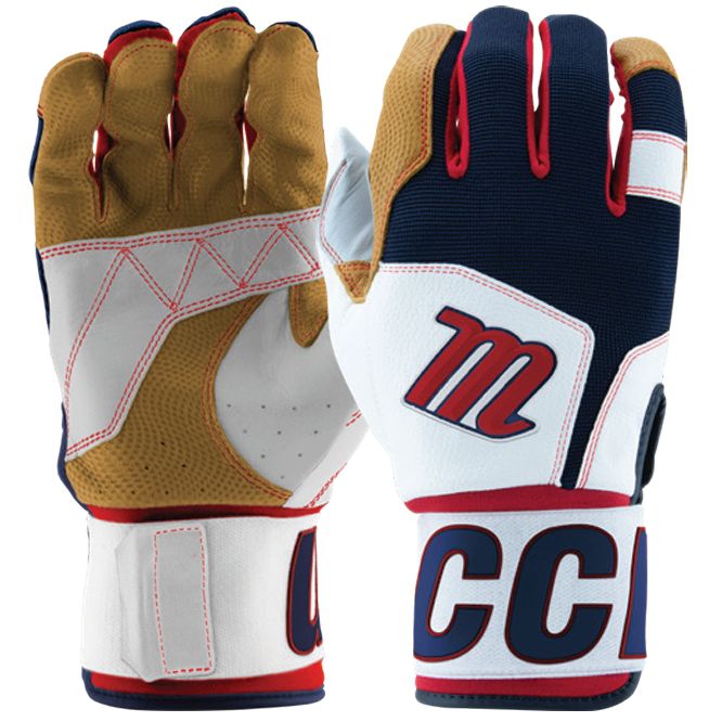Two Marucci Blacksmith V2 Full Wrap Youth Batting Gloves in white, navy blue, and brown feature durable tan goatskin palms, red M logos and accents on the back, CC on the wrist, and stylish white and red palm details.