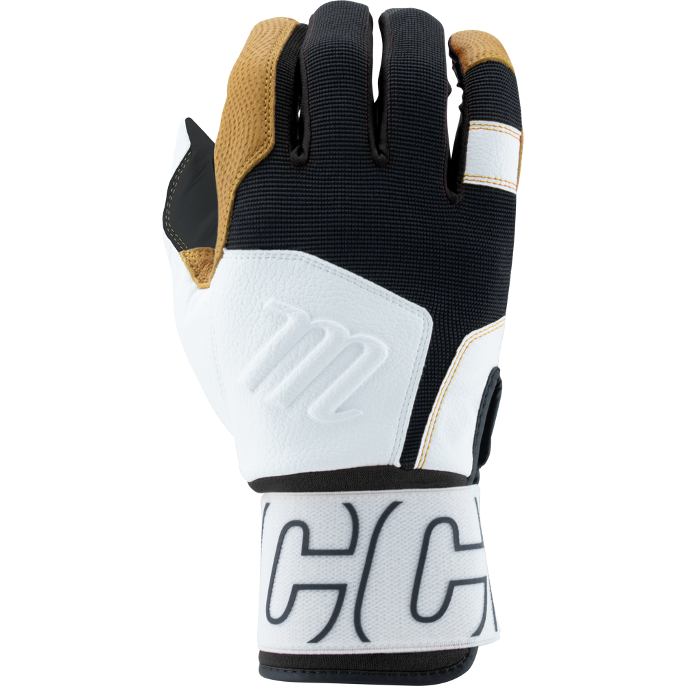 Black and white marucci blacksmith batting gloves with tan palm, M logo and full wrap wrist for baseball or softball on a white background