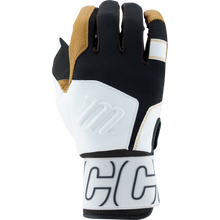 A close-up of Marucci Blacksmith V2 Full Wrap Youth Batting Gloves (MBG2BKSMFWY) highlights their durable goatskin palm, making them ideal for training sessions.