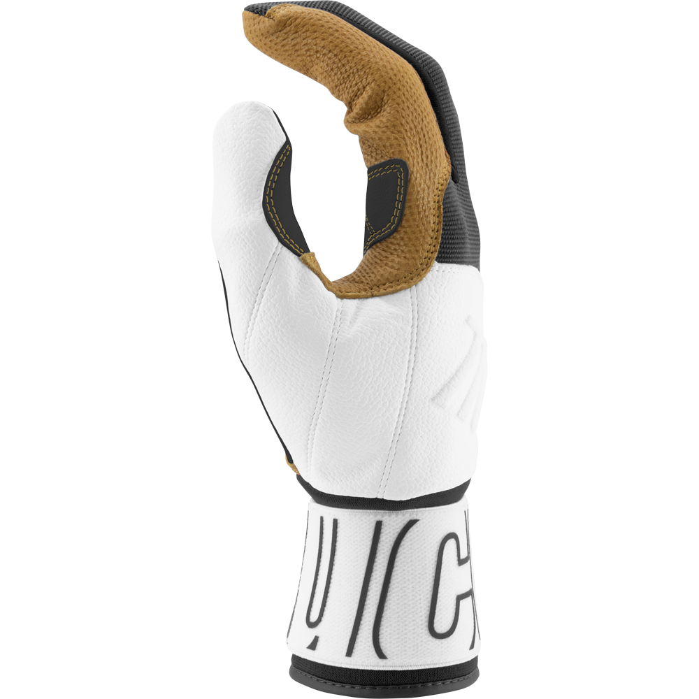 A single Marucci Blacksmith V2 Full Wrap Adult Batting Glove (MBG2BKSM) in white and brown is shown upright with a durable goatskin palm, fingers slightly curled, and a cuff featuring bold black lettering on white.