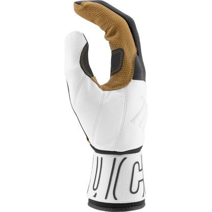 A single Marucci Blacksmith V2 Full Wrap Adult Batting Glove (MBG2BKSM) in white and brown is shown upright with a durable goatskin palm, fingers slightly curled, and a cuff featuring bold black lettering on white.