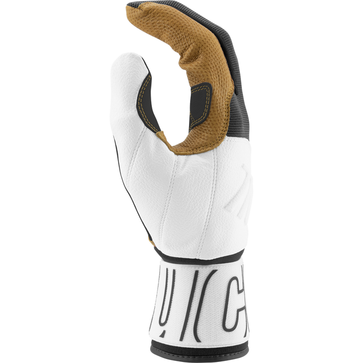 Black and white marucci blacksmith batting gloves with tan palm, M logo and full wrap wrist for baseball or softball on a white background
