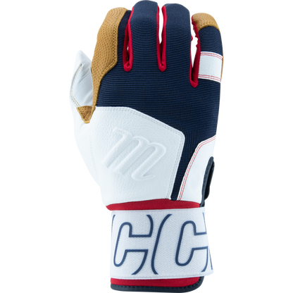 A single Marucci Blacksmith V2 Full Wrap Youth Batting Glove (MBG2BKSMFWY) features a white goatskin palm, navy blue back, red trim, brown fingertip, and a wide white wrist strap with bold navy branding—a sporty, durable training glove.