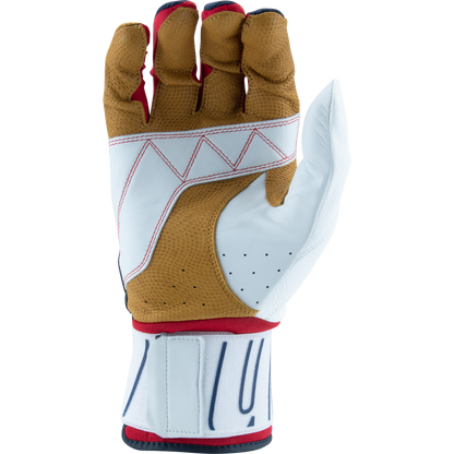 The Marucci Blacksmith V2 Full Wrap Adult Batting Glove (MBG2BKSM) features a durable brown goatskin palm, white leather on the thumb and wrist, red accents, visible stitching, and is shown upright with the palm facing forward.