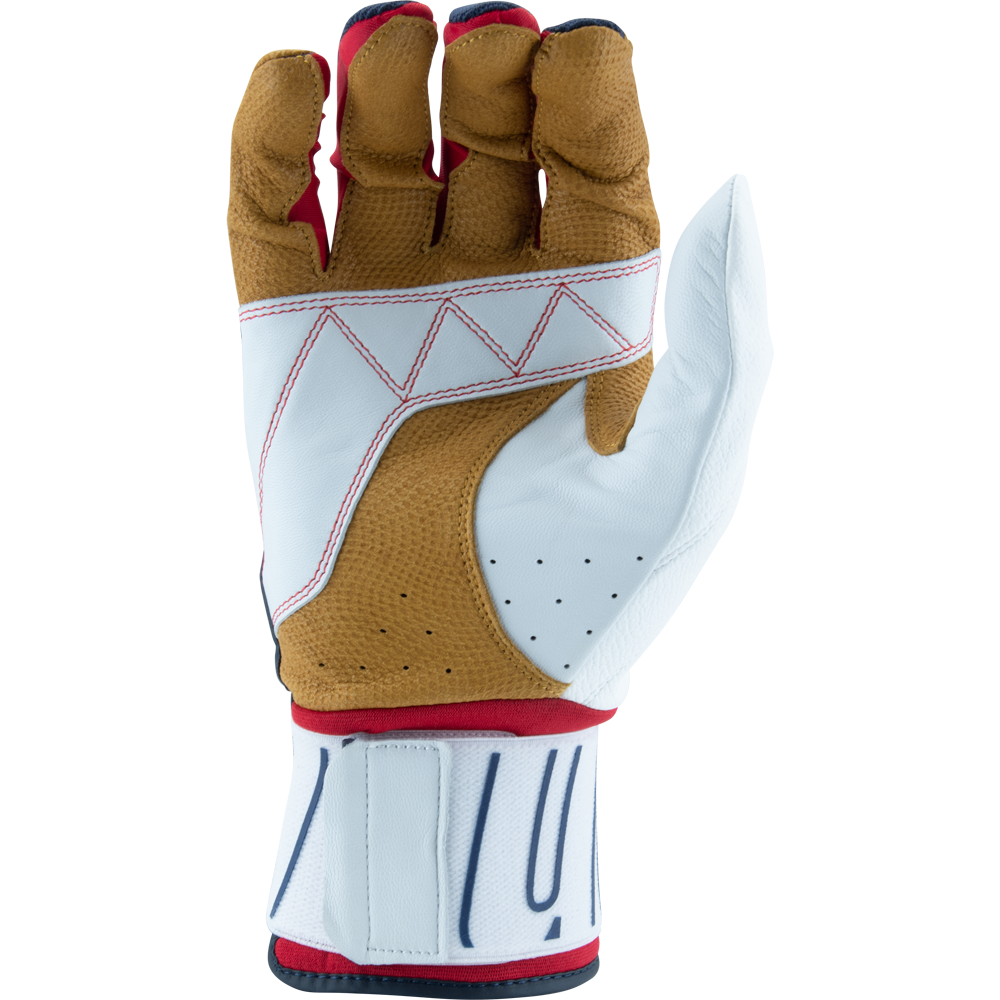A Marucci Blacksmith V2 Full Wrap Youth Batting Glove (MBG2BKSMFWY) is displayed palm-up on a white background, showing its durable goatskin palm, red accents, black stitching, and a blue-and-white wide wrist strap.