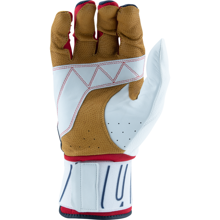 Navy, White & Red marucci blacksmith batting gloves with tan palm, M logo and full wrap wrist for baseball or softball on a white background