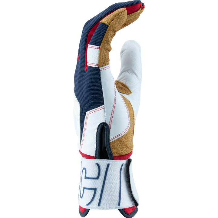 Navy, White & Red marucci blacksmith batting gloves with tan palm, M logo and full wrap wrist for baseball or softball on a white background