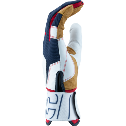 The Marucci Blacksmith V2 Full Wrap Youth Batting Glove (MBG2BKSMFWY) features a durable goatskin palm and multicolored details in white, navy blue, tan, and red, plus a white wrist strap with black lettering.