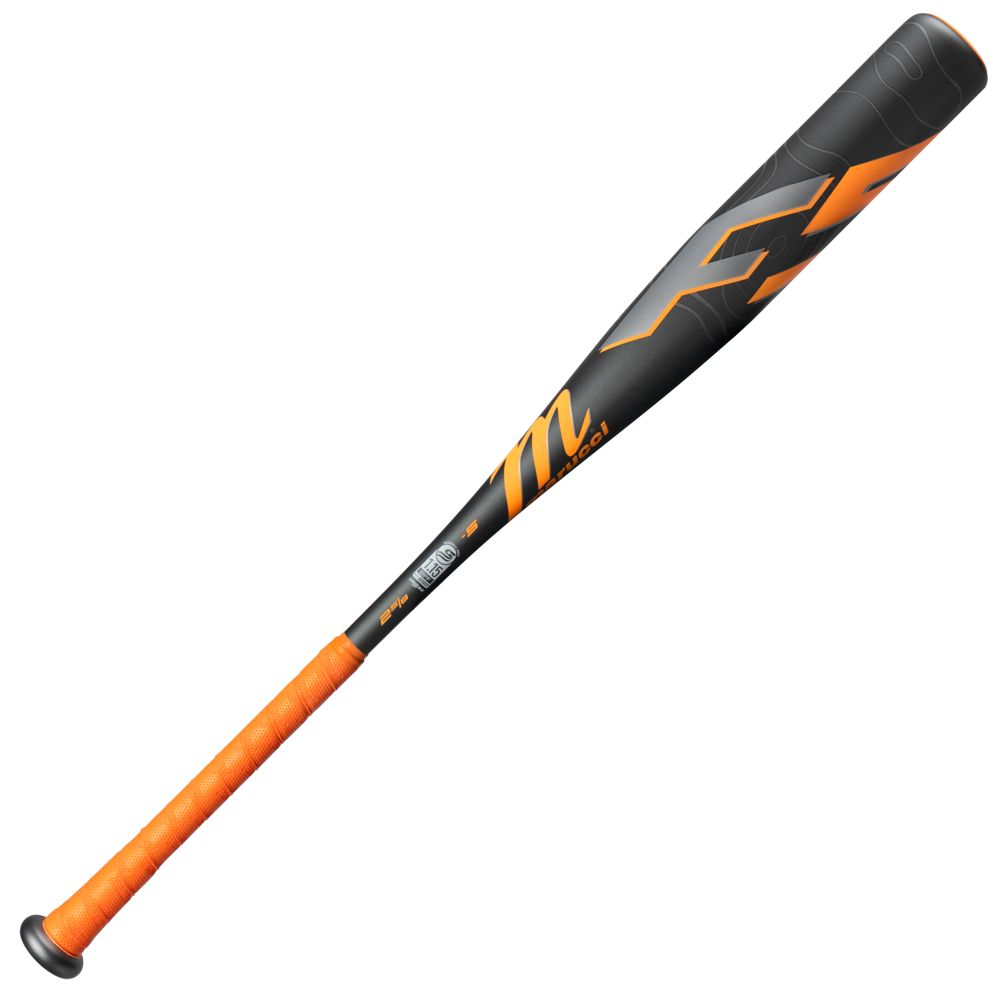 The 2026 Marucci F5 (-5) 2 5/8" USSSA Baseball Bat (MSBF555) by Marucci features a black and orange design, orange handle grip, stylized barrel graphics, and an expanded sweet spot for optimal performance.