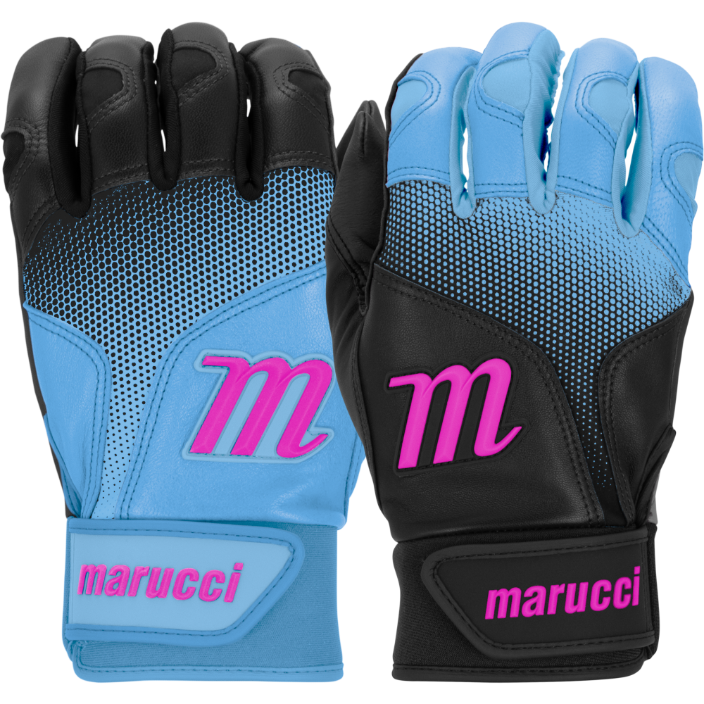 A pair of Marucci PWR Fade Adult Batting Gloves (blue/black) with pink M logos and 'marucci' on the wrist straps, featuring a comfortable sheepskin palm, shown both palm down and palm up.