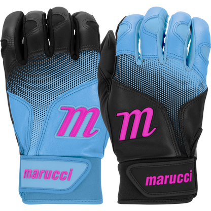 A pair of Marucci PWR Fade Adult Batting Gloves (blue/black) with pink M logos and 'marucci' on the wrist straps, featuring a comfortable sheepskin palm, shown both palm down and palm up.