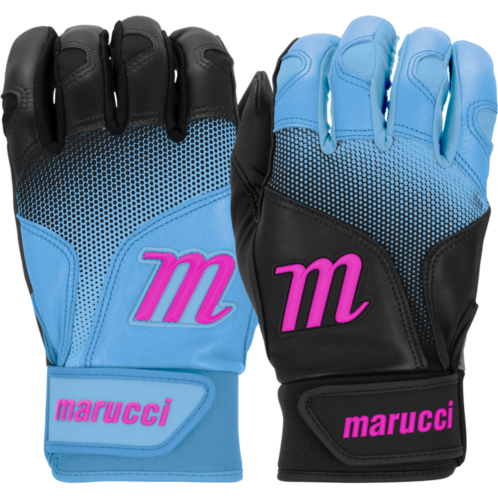 A pair of Marucci PWR Fade Adult Batting Gloves (blue/black) with pink M logos and 'marucci' on the wrist straps, featuring a comfortable sheepskin palm, shown both palm down and palm up.