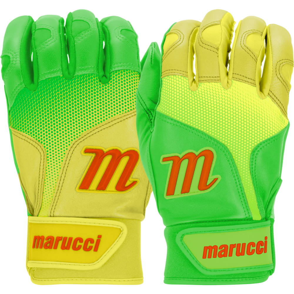 A pair of Marucci PWR Fade Adult Batting Gloves: MBGPWRF in bright yellow and green with orange Marucci logos, sheepskin palms for comfort, and ergonomic cuff wrist straps featuring Marucci labels.