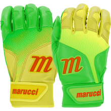 A pair of Marucci PWR Fade Adult Batting Gloves: MBGPWRF in bright yellow and green with orange Marucci logos, sheepskin palms for comfort, and ergonomic cuff wrist straps featuring Marucci labels.