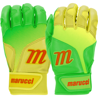 A pair of Marucci PWR Fade Adult Batting Gloves: MBGPWRF in bright yellow and green with orange Marucci logos, sheepskin palms for comfort, and ergonomic cuff wrist straps featuring Marucci labels.