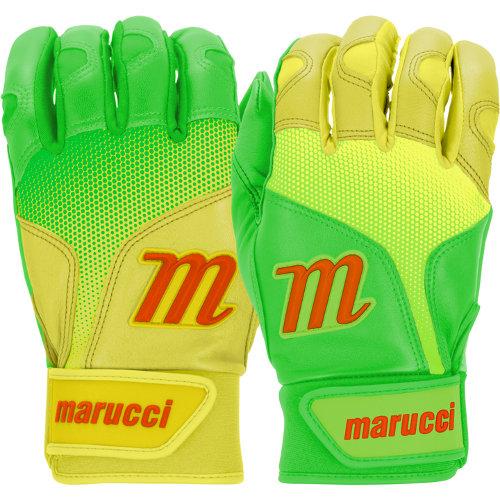 A pair of Marucci PWR Fade Adult Batting Gloves: MBGPWRF in bright yellow and green with orange Marucci logos, sheepskin palms for comfort, and ergonomic cuff wrist straps featuring Marucci labels.