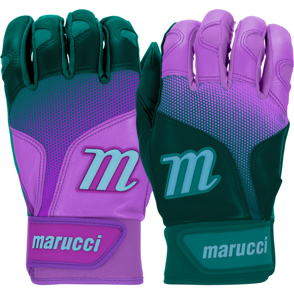 A pair of Marucci PWR Fade Adult Batting Gloves (MBGPWRF), one palm up and one palm down. These purple and teal gloves feature a sheepskin palm for grip, ergonomic cuffs, and the white Marucci logo on each hand.