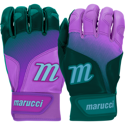 A pair of Marucci PWR Fade Adult Batting Gloves (MBGPWRF), one palm up and one palm down. These purple and teal gloves feature a sheepskin palm for grip, ergonomic cuffs, and the white Marucci logo on each hand.
