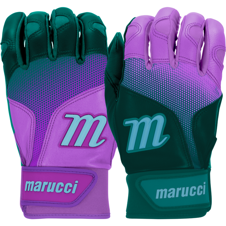 A pair of Marucci PWR Fade Adult Batting Gloves (MBGPWRF), one palm up and one palm down. These purple and teal gloves feature a sheepskin palm for grip, ergonomic cuffs, and the white Marucci logo on each hand.