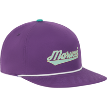 The Marucci Flow Rope Snapback Hat: MAHTMFR features a purple 5-panel pinch front, teal top button, white script logo, white cord across the brim, and an adjustable snapback for the perfect fit.