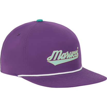 The Marucci Flow Rope Snapback Hat: MAHTMFR features a purple 5-panel pinch front, teal top button, white script logo, white cord across the brim, and an adjustable snapback for the perfect fit.