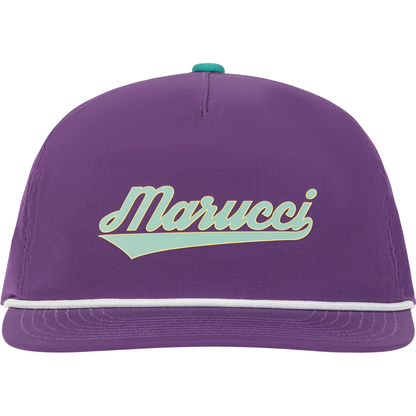 The Marucci Flow Rope Snapback Hat: MAHTMFR is a purple 5-panel cap with a pinch front, white and teal Marucci logo, white trim above the brim, teal top button, and an adjustable snapback for a comfortable fit.