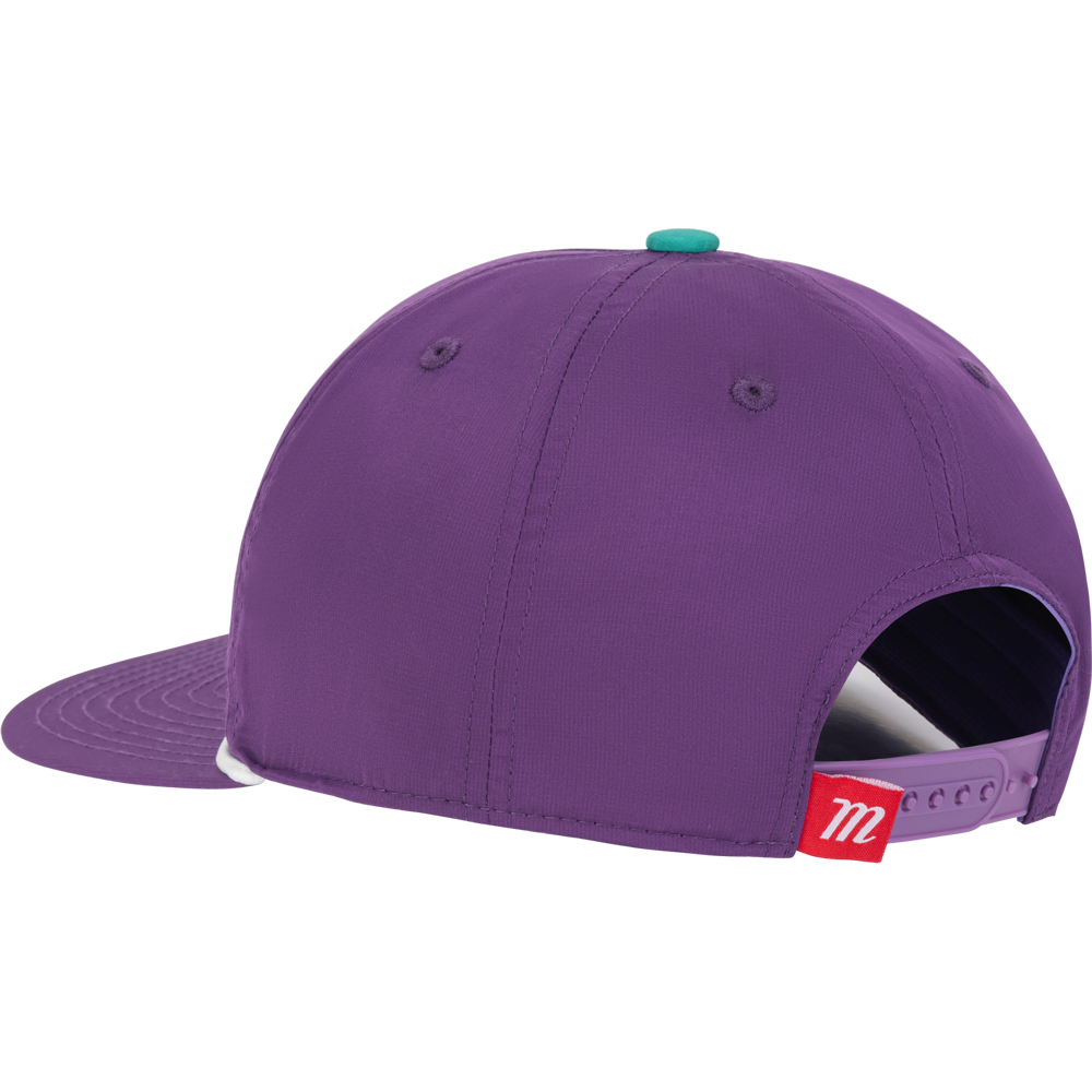 The Marucci Flow Rope Snapback Hat (MAHTMFR) by Marucci is shown from the back, featuring an adjustable closure, small teal top button, and a red tag with a white M logo near the snapback.