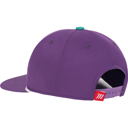The Marucci Flow Rope Snapback Hat (MAHTMFR) by Marucci is shown from the back, featuring an adjustable closure, small teal top button, and a red tag with a white M logo near the snapback.