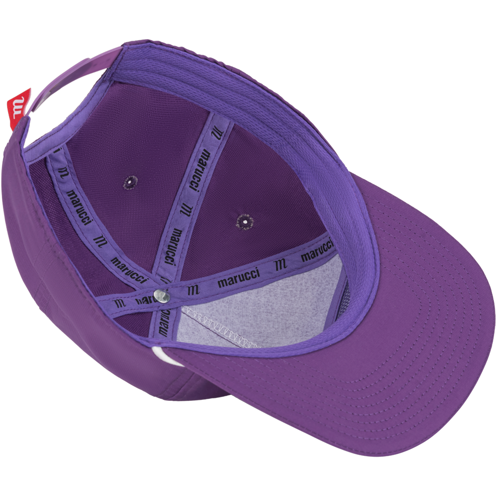 The Marucci Flow Rope Snapback Hat: MAHTMFR, seen from above, shows the interior with labeled marucci bands and a gray sweatband along the 5-Panel Pinch Front. The adjustable snapback’s red tag is visible at the back.