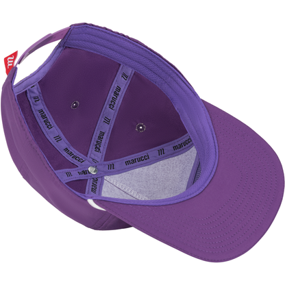 The Marucci Flow Rope Snapback Hat: MAHTMFR, seen from above, shows the interior with labeled marucci bands and a gray sweatband along the 5-Panel Pinch Front. The adjustable snapback’s red tag is visible at the back.