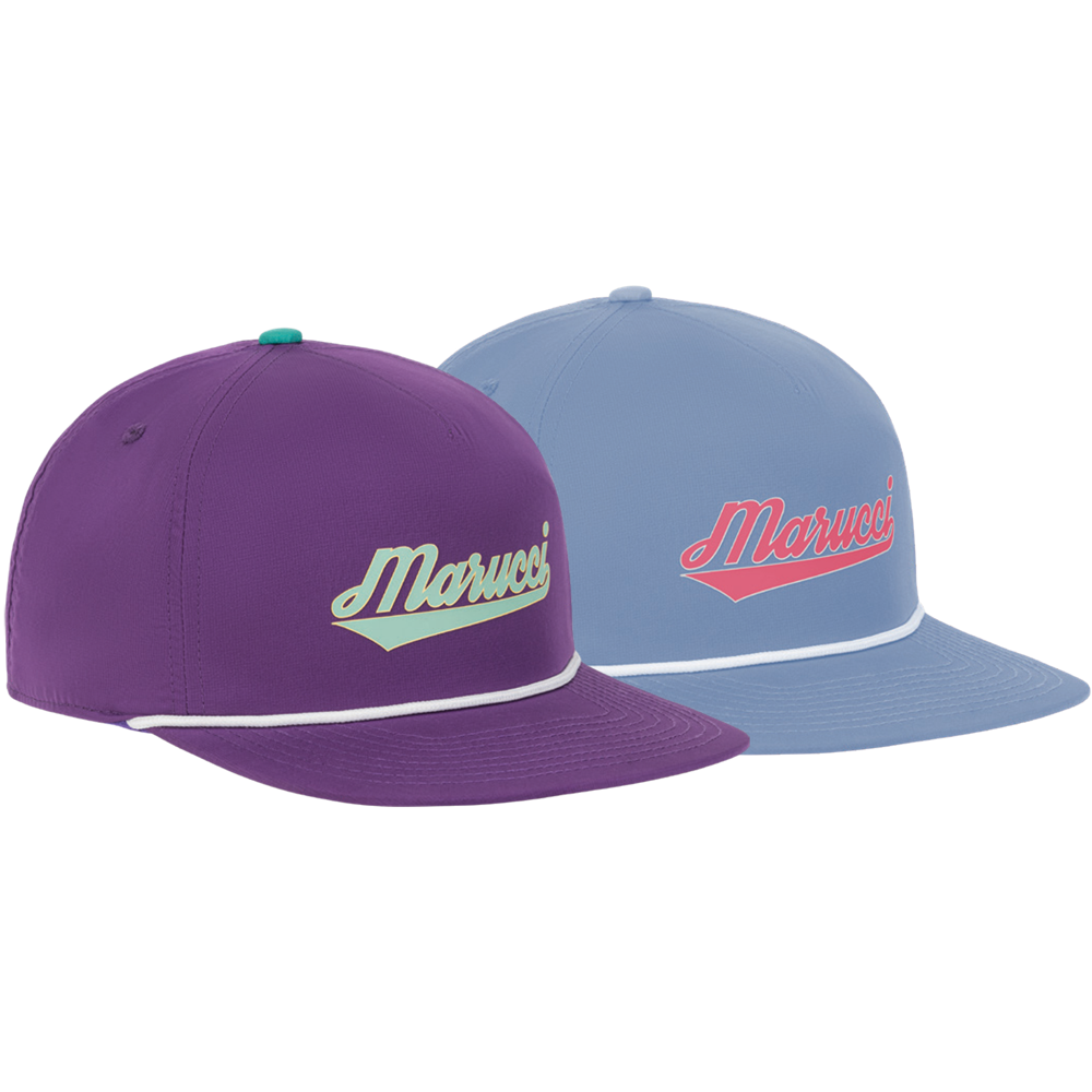 Two Marucci Flow Rope Snapback Hats (MAHTMFR): one purple with teal/white logo, one light blue with pink/white logo—both feature adjustable snapbacks and flat brims.