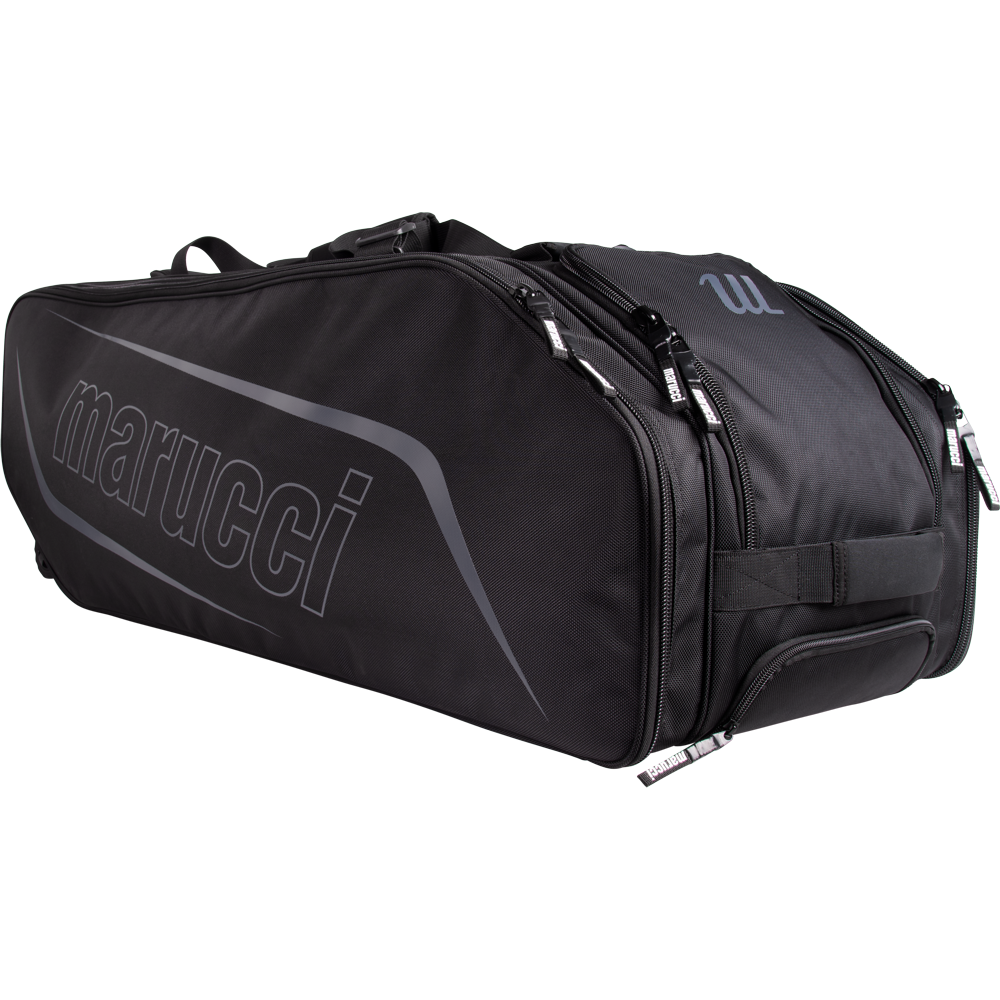 Large Black baseball softball bag with 'marucci' branding on a white background