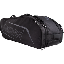 The Marucci XD Wheeled Catcher's Bag: MBXDWB is a large black duffel bag with a zippered main compartment, side pockets, carry handles, and the Marucci logo in gray on the side.