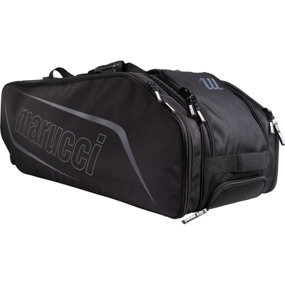 The Marucci XD Wheeled Catcher's Bag: MBXDWB is a large black duffel bag with a zippered main compartment, side pockets, carry handles, and the Marucci logo in gray on the side.