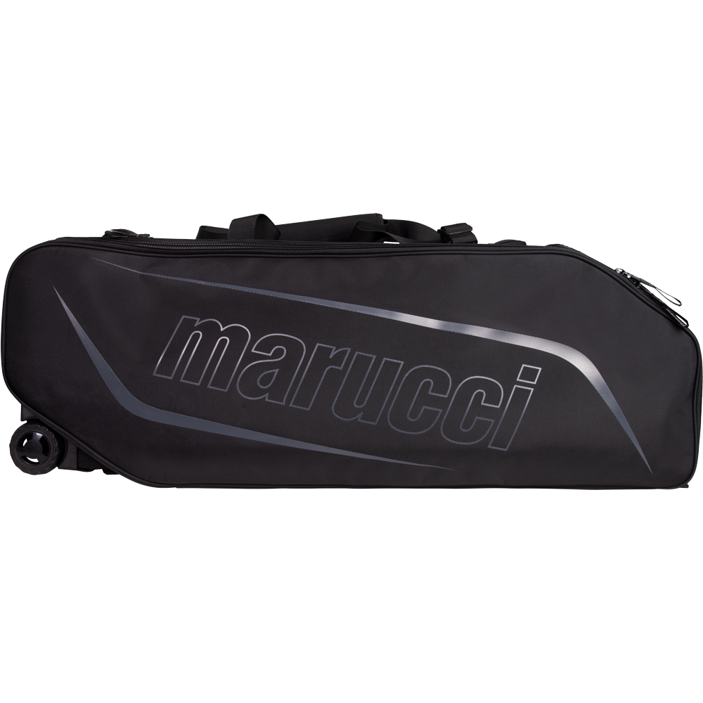 Black wheeled sports bag with 'marucci' branding on a white background