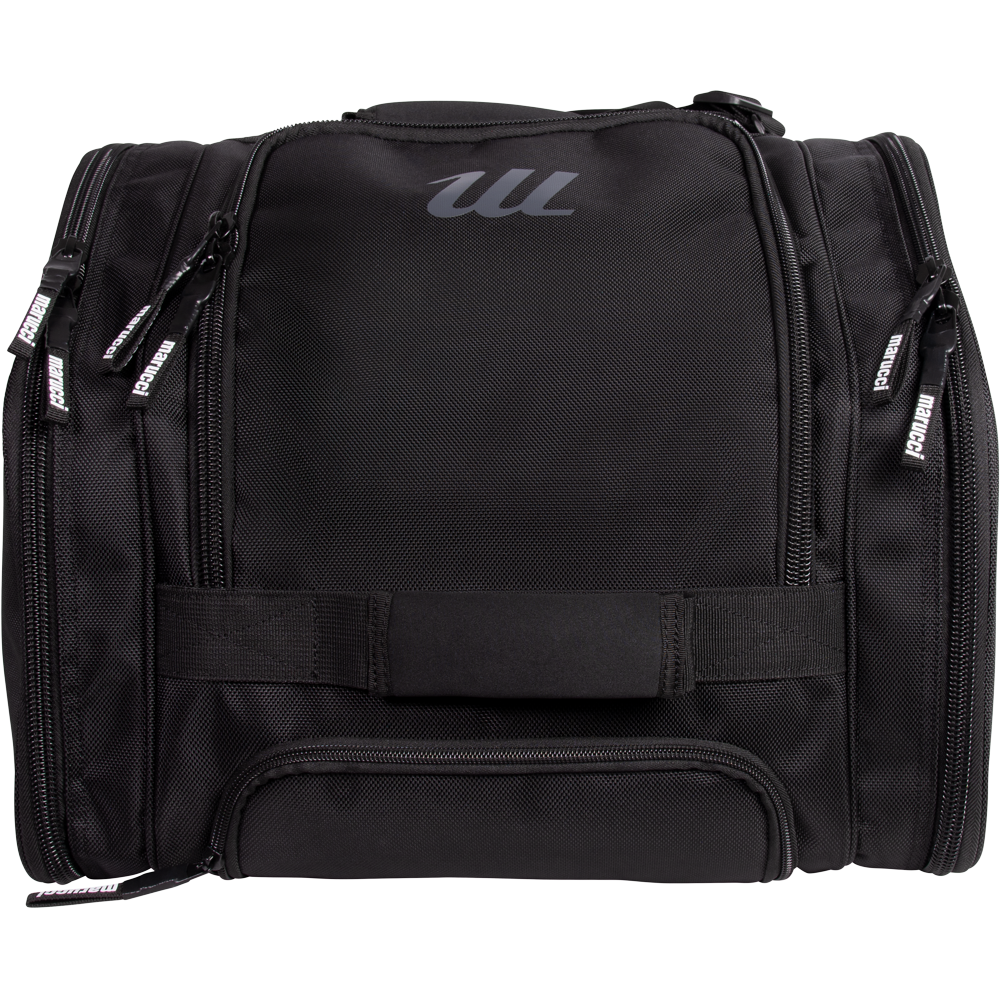 The Marucci XD Wheeled Catcher's Bag (MBXDWB) by Marucci is a black gear bag with multiple zippered compartments, a top handle, and a stylish gray W logo on the front, blending sleek design with practical storage for baseball essentials.