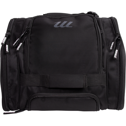 The Marucci XD Wheeled Catcher's Bag (MBXDWB) by Marucci is a black gear bag with multiple zippered compartments, a top handle, and a stylish gray W logo on the front, blending sleek design with practical storage for baseball essentials.