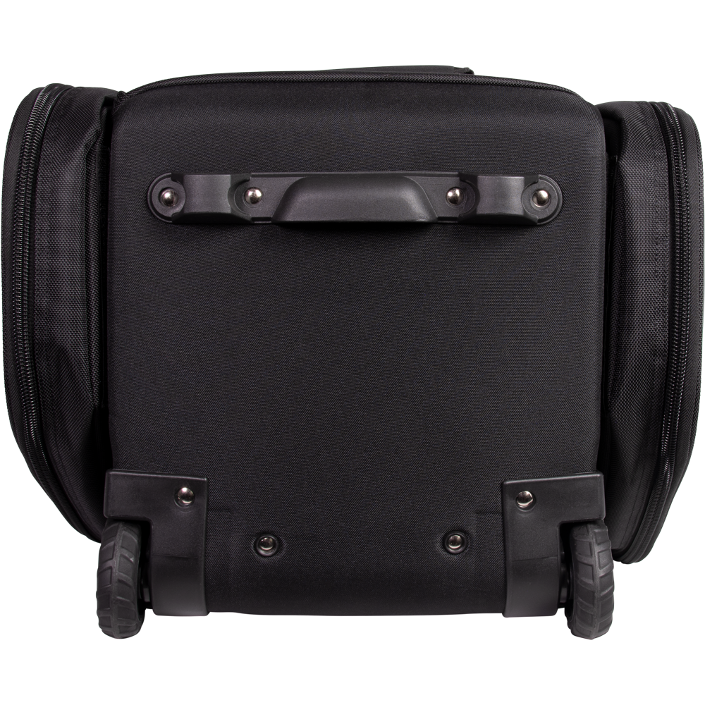 A close-up of the Marucci XD Wheeled Catcher's Bag (MBXDWB) by Marucci shows two wheels, a handle, and protective hardware at the bottom of this black rolling baseball bag against a white background.