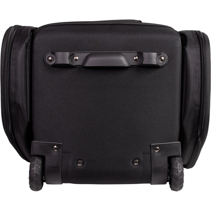 A close-up of the Marucci XD Wheeled Catcher's Bag (MBXDWB) by Marucci shows two wheels, a handle, and protective hardware at the bottom of this black rolling baseball bag against a white background.