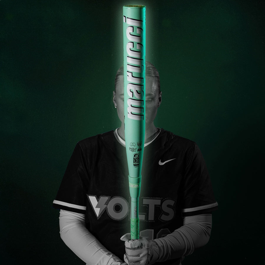 A person holding a 2025 Marucci ASURA (-10) Fastpitch Softball Bat (MFPAS10) with Gap Sync barrel technology.