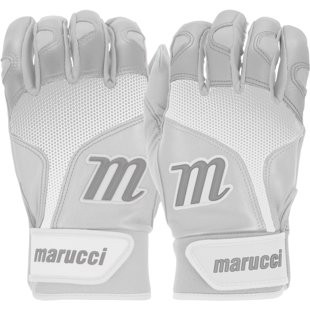 A pair of Marucci PWR Fade Youth Batting Gloves (MBGPWRFY) in white and gray with mesh details, large M logos on the backs, and sheepskin palms for maximum grip, shown side by side with palms facing down.
