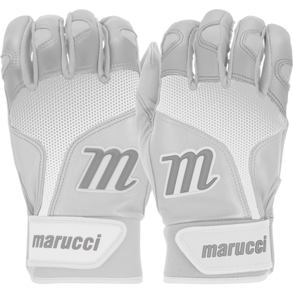 A pair of Marucci PWR Fade Youth Batting Gloves (MBGPWRFY) in white and gray with mesh details, large M logos on the backs, and sheepskin palms for maximum grip, shown side by side with palms facing down.